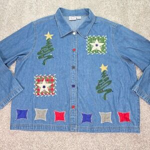 Vintage Carolina Blues Denim Christmas Shirt Womens 18/20 Embroidered Patchwork